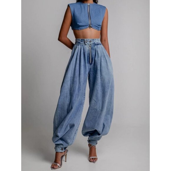 Women's High Waisted Wide Leg Denim Jeans Casual Vintage Trousers - Picture 2 of 7